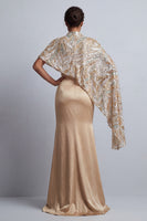 Laden Sie das Bild in den Galerie-Viewer, Champagner-Meerjungfrau-Satin-Kleid der Mutter der Braut mit abnehmbarem Umhang