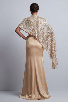 Champagner-Meerjungfrau-Satin-Kleid der Mutter der Braut mit abnehmbarem Umhang