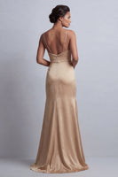 Laden Sie das Bild in den Galerie-Viewer, Champagner-Meerjungfrau-Satin-Kleid der Mutter der Braut mit abnehmbarem Umhang