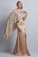 Laden Sie das Bild in den Galerie-Viewer, Champagner-Meerjungfrau-Satin-Kleid der Mutter der Braut mit abnehmbarem Umhang