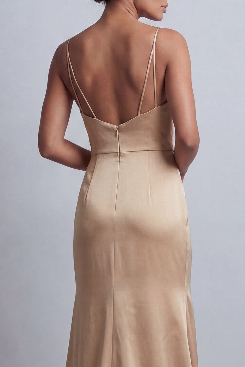 Laden Sie das Bild in den Galerie-Viewer, Champagner-Meerjungfrau-Satin-Kleid der Mutter der Braut mit abnehmbarem Umhang