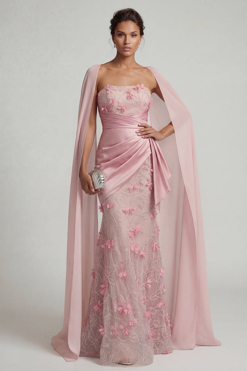 Laden Sie das Bild in den Galerie-Viewer, Trägerloses pinkes Meerjungfrauen-Blumenkleid Mutter der Braut mit abnehmbarem Umhang