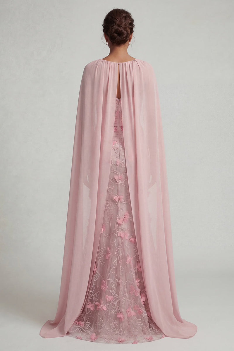 Laden Sie das Bild in den Galerie-Viewer, Trägerloses pinkes Meerjungfrauen-Blumenkleid Mutter der Braut mit abnehmbarem Umhang