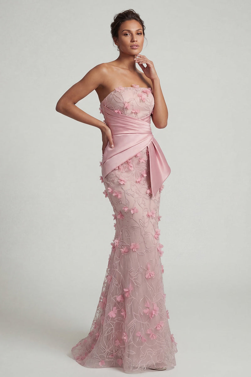Laden Sie das Bild in den Galerie-Viewer, Trägerloses pinkes Meerjungfrauen-Blumenkleid Mutter der Braut mit abnehmbarem Umhang