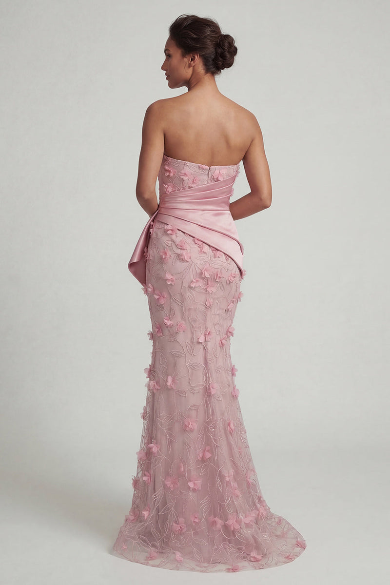Laden Sie das Bild in den Galerie-Viewer, Trägerloses pinkes Meerjungfrauen-Blumenkleid Mutter der Braut mit abnehmbarem Umhang