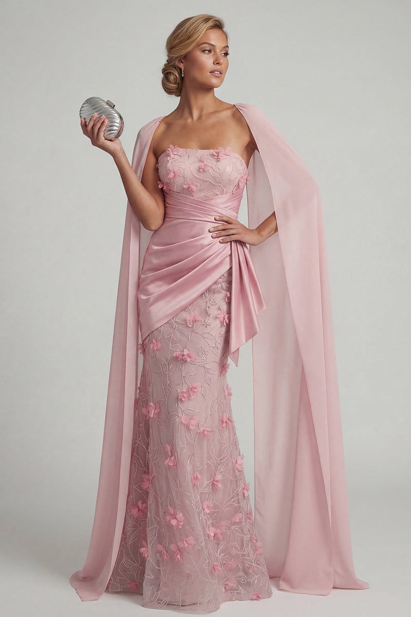 Laden Sie das Bild in den Galerie-Viewer, Trägerloses pinkes Meerjungfrauen-Blumenkleid Mutter der Braut mit abnehmbarem Umhang