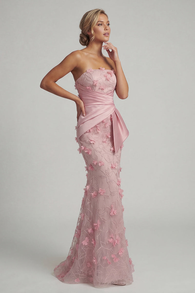Laden Sie das Bild in den Galerie-Viewer, Trägerloses pinkes Meerjungfrauen-Blumenkleid Mutter der Braut mit abnehmbarem Umhang