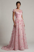 Laden Sie das Bild in den Galerie-Viewer, Rosa A-Linie kurzärmeliges Mutter-der-Braut-Kleid mit 3D-Blumen