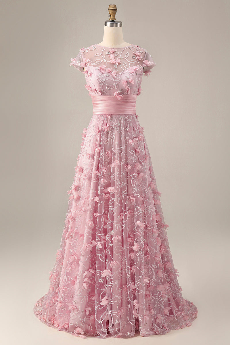Laden Sie das Bild in den Galerie-Viewer, Rosa A-Linie kurzärmeliges Mutter-der-Braut-Kleid mit 3D-Blumen
