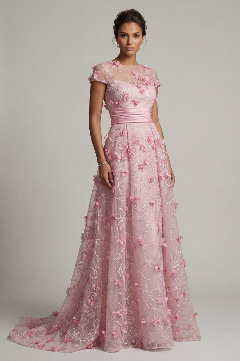 Laden Sie das Bild in den Galerie-Viewer, Rosa A-Linie kurzärmeliges Mutter-der-Braut-Kleid mit 3D-Blumen
