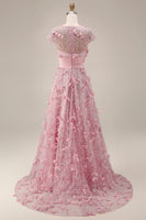 Laden Sie das Bild in den Galerie-Viewer, Rosa A-Linie kurzärmeliges Mutter-der-Braut-Kleid mit 3D-Blumen