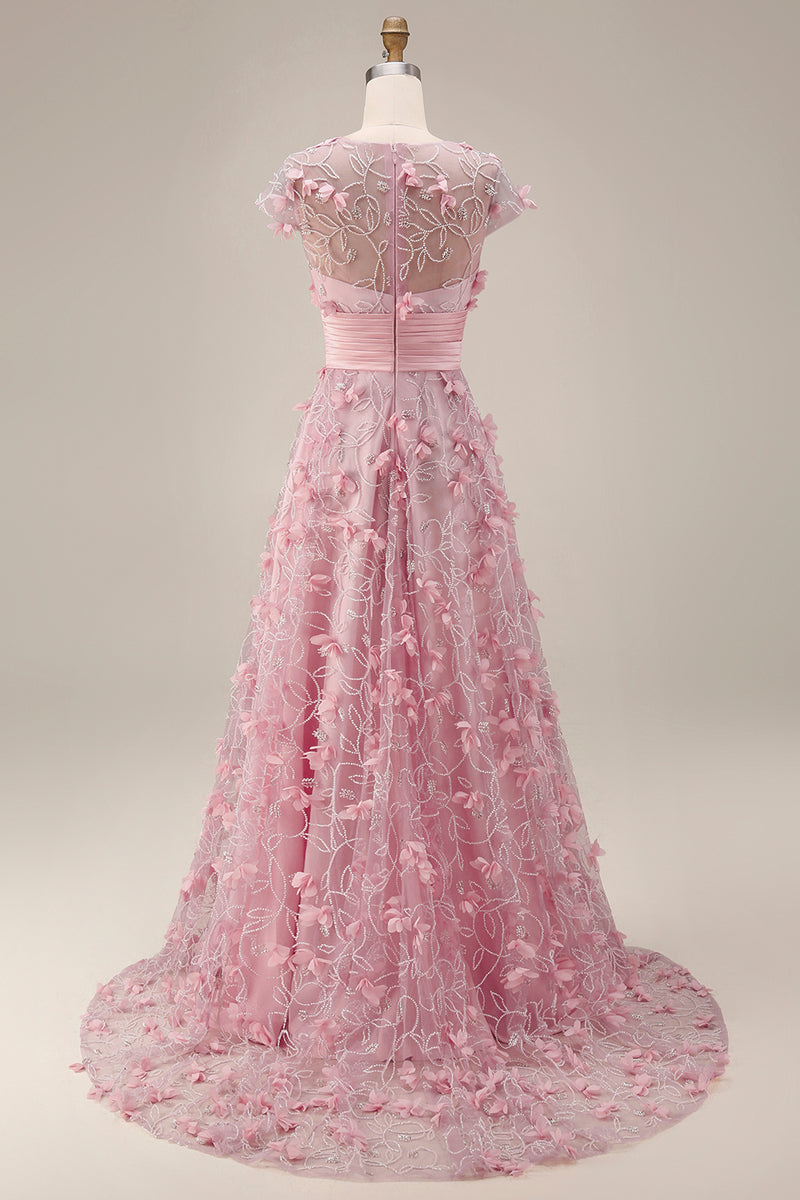 Laden Sie das Bild in den Galerie-Viewer, Rosa A-Linie kurzärmeliges Mutter-der-Braut-Kleid mit 3D-Blumen