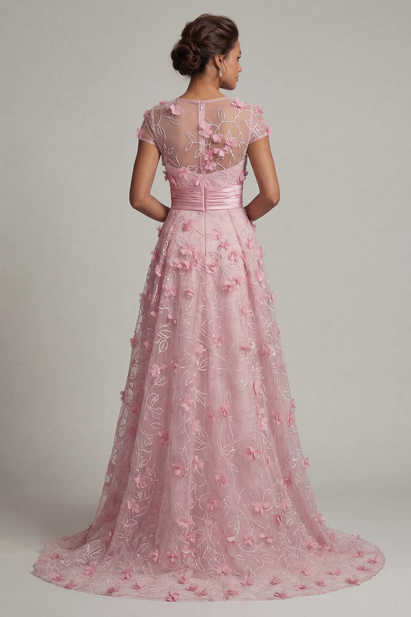 Laden Sie das Bild in den Galerie-Viewer, Rosa A-Linie kurzärmeliges Mutter-der-Braut-Kleid mit 3D-Blumen