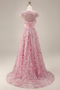 A-Linie pinkes, kurzärmeliges Langballkleid mit Perlen und 3D-Blumen