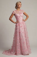 Laden Sie das Bild in den Galerie-Viewer, Rosa A-Linie kurzärmeliges Mutter-der-Braut-Kleid mit 3D-Blumen