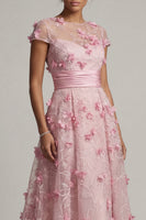 Laden Sie das Bild in den Galerie-Viewer, Rosa A-Linie kurzärmeliges Mutter-der-Braut-Kleid mit 3D-Blumen