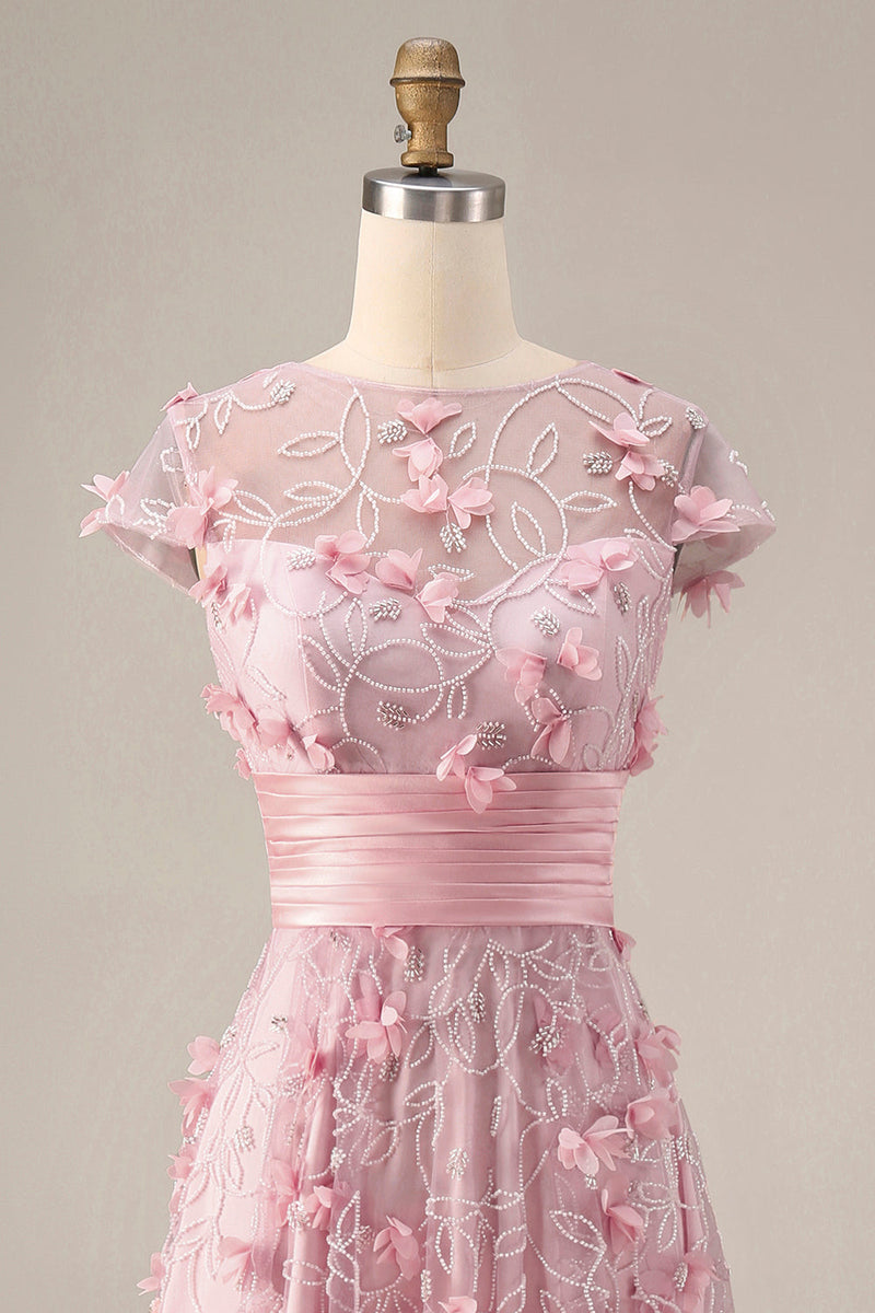 Laden Sie das Bild in den Galerie-Viewer, A-Linie pinkes, kurzärmeliges Langballkleid mit Perlen und 3D-Blumen