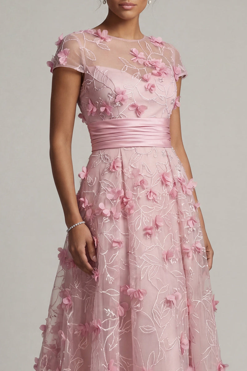 Laden Sie das Bild in den Galerie-Viewer, Rosa A-Linie kurzärmeliges Mutter-der-Braut-Kleid mit 3D-Blumen