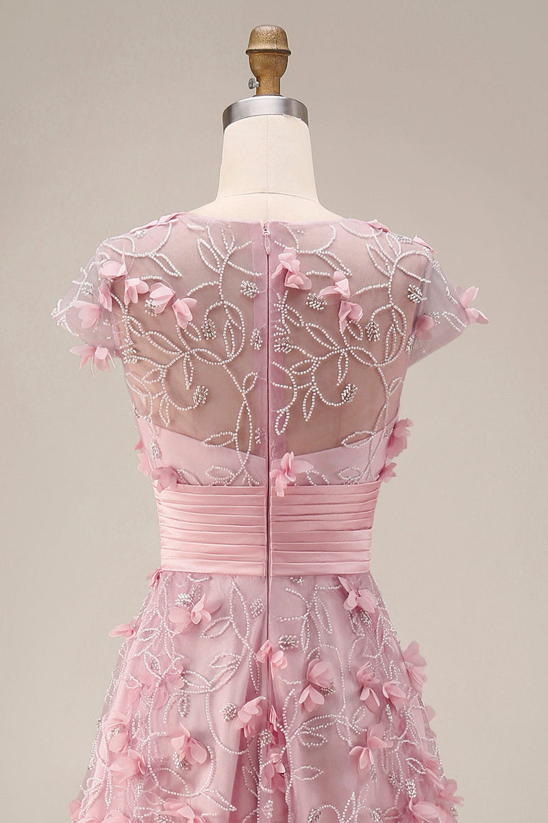 Laden Sie das Bild in den Galerie-Viewer, A-Linie pinkes, kurzärmeliges Langballkleid mit Perlen und 3D-Blumen