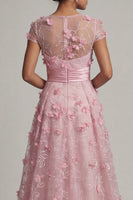Laden Sie das Bild in den Galerie-Viewer, Rosa A-Linie kurzärmeliges Mutter-der-Braut-Kleid mit 3D-Blumen
