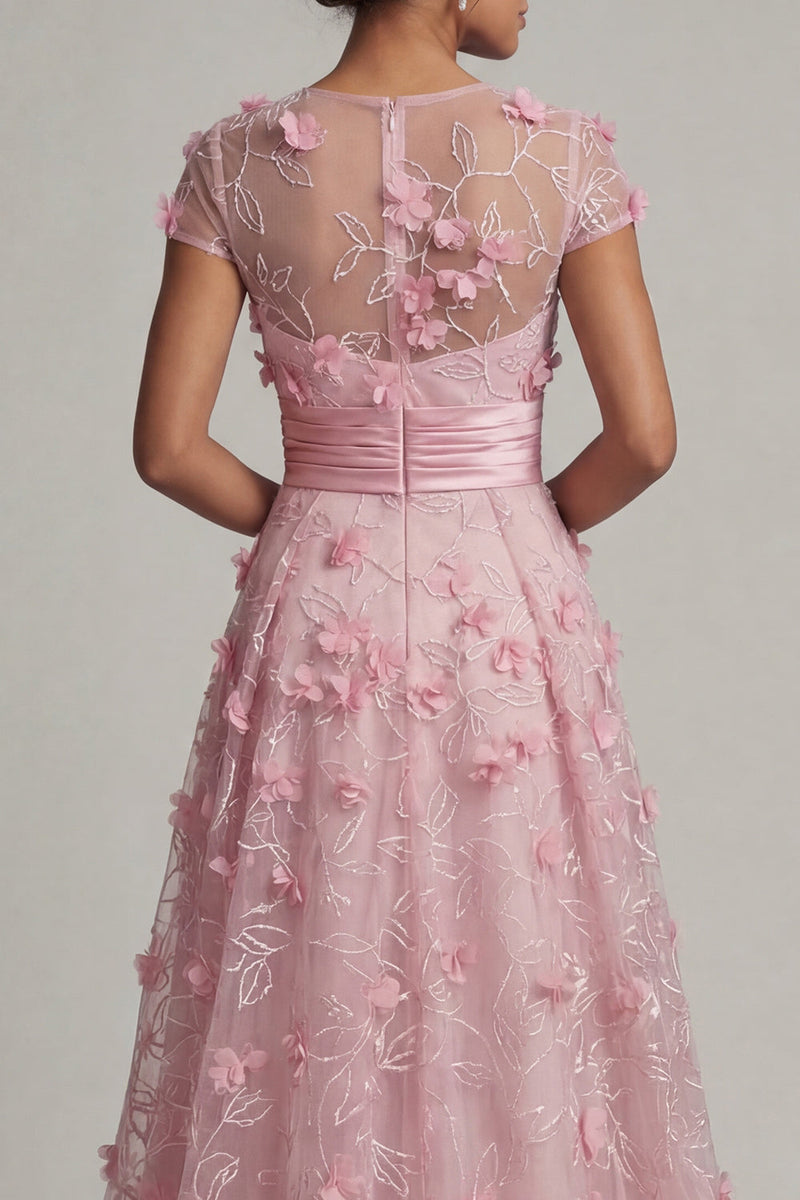 Laden Sie das Bild in den Galerie-Viewer, Rosa A-Linie kurzärmeliges Mutter-der-Braut-Kleid mit 3D-Blumen