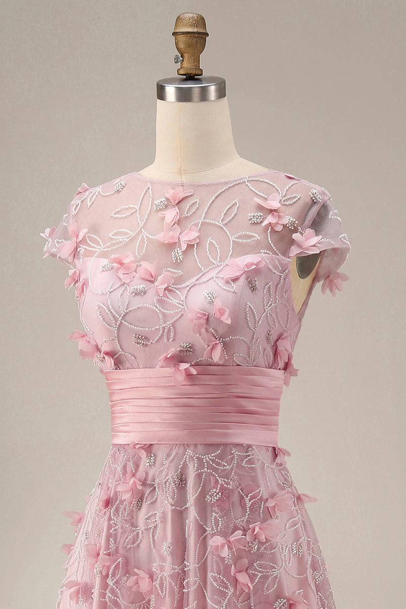 Laden Sie das Bild in den Galerie-Viewer, A-Linie pinkes, kurzärmeliges Langballkleid mit Perlen und 3D-Blumen