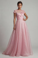 Laden Sie das Bild in den Galerie-Viewer, Rundhals-A-Linie pinkes Mutter-der-Braut-Kleid mit 3D-Blumen