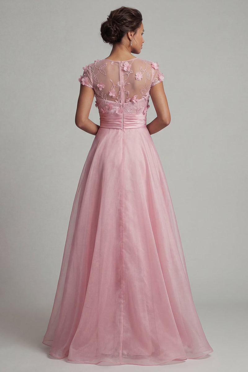 Laden Sie das Bild in den Galerie-Viewer, Rundhals-A-Linie pinkes Mutter-der-Braut-Kleid mit 3D-Blumen