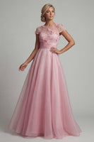 Laden Sie das Bild in den Galerie-Viewer, Rundhals-A-Linie pinkes Mutter-der-Braut-Kleid mit 3D-Blumen