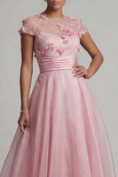 Laden Sie das Bild in den Galerie-Viewer, Rundhals-A-Linie pinkes Mutter-der-Braut-Kleid mit 3D-Blumen