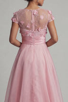 Laden Sie das Bild in den Galerie-Viewer, Rundhals-A-Linie pinkes Mutter-der-Braut-Kleid mit 3D-Blumen