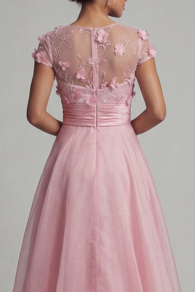 Laden Sie das Bild in den Galerie-Viewer, Rundhals-A-Linie pinkes Mutter-der-Braut-Kleid mit 3D-Blumen