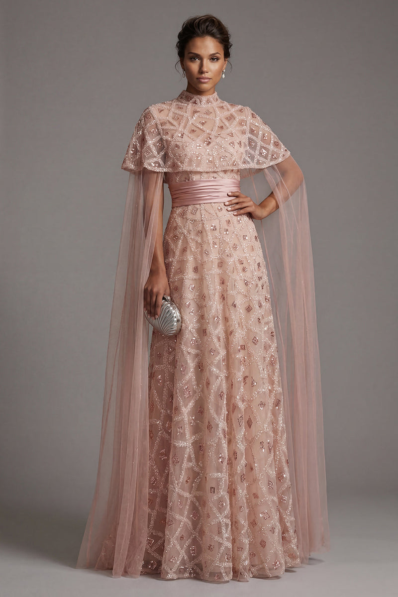 Laden Sie das Bild in den Galerie-Viewer, Trägerloses Perlenbesetztes Blush A Linie Brautmutterkleid mit abnehmbarem Umhang
