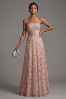 Laden Sie das Bild in den Galerie-Viewer, Trägerloses Perlenbesetztes Blush A Linie Brautmutterkleid mit abnehmbarem Umhang