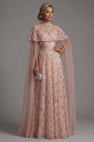 Laden Sie das Bild in den Galerie-Viewer, Trägerloses Perlenbesetztes Blush A Linie Brautmutterkleid mit abnehmbarem Umhang