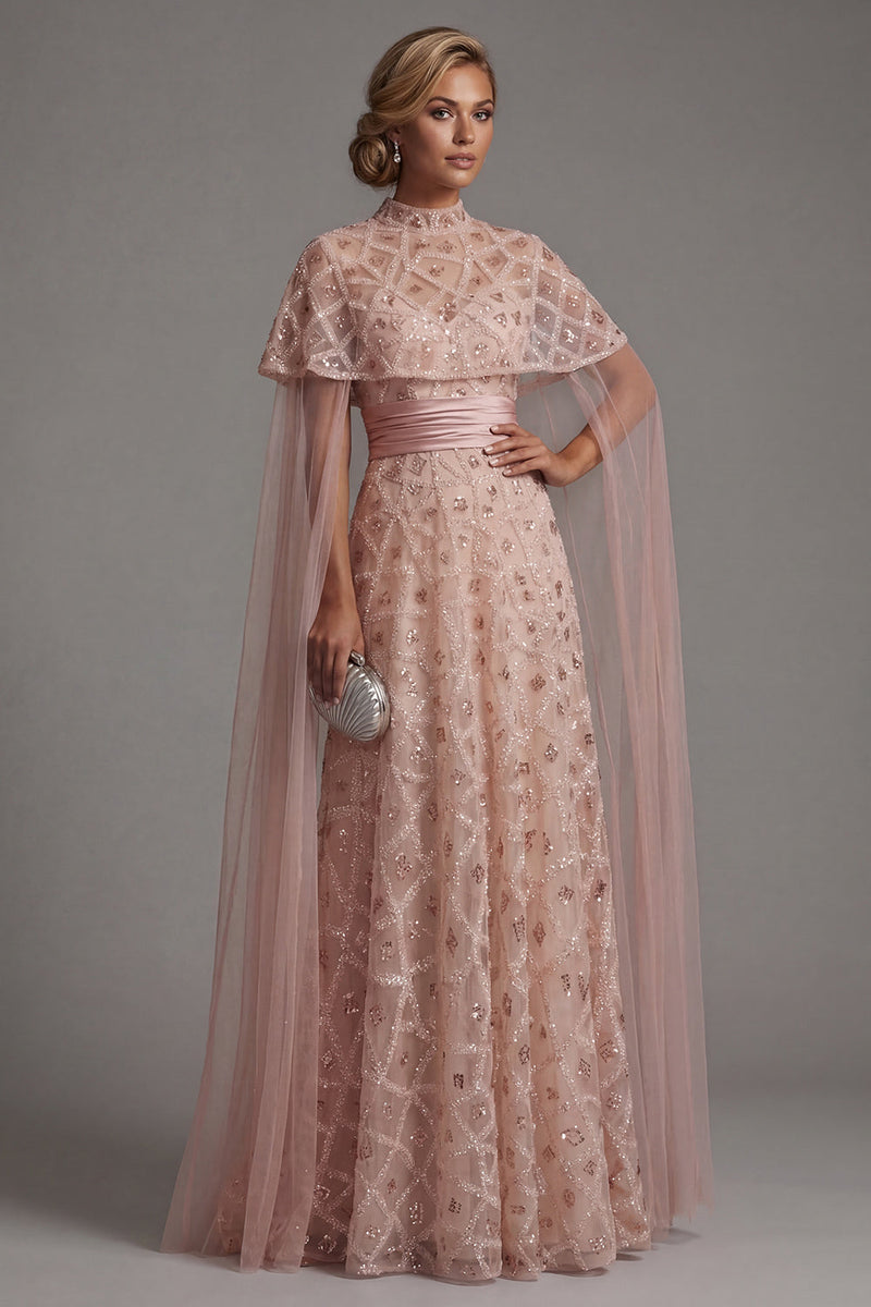 Laden Sie das Bild in den Galerie-Viewer, Trägerloses Perlenbesetztes Blush A Linie Brautmutterkleid mit abnehmbarem Umhang
