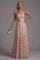 Laden Sie das Bild in den Galerie-Viewer, Trägerloses Perlenbesetztes Blush A Linie Brautmutterkleid mit abnehmbarem Umhang