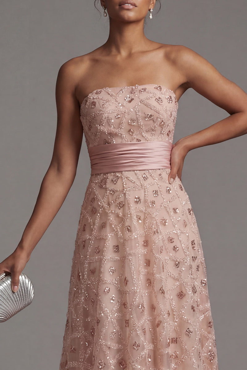 Laden Sie das Bild in den Galerie-Viewer, Trägerloses Perlenbesetztes Blush A Linie Brautmutterkleid mit abnehmbarem Umhang