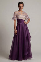 Laden Sie das Bild in den Galerie-Viewer, Florales dunkelviolettes Kurzärmel-A-Linie Mutter-der-Braut-Kleid