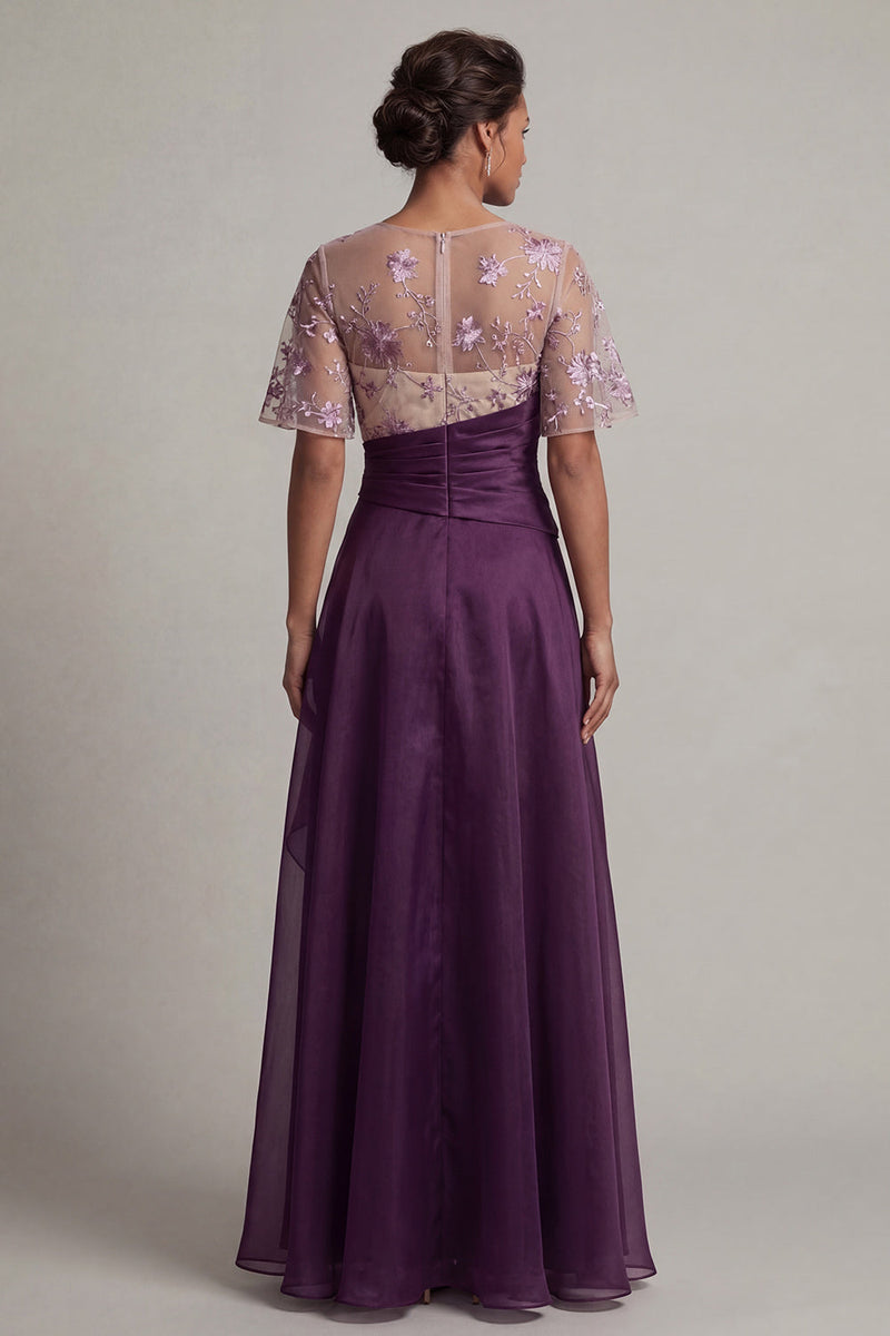 Laden Sie das Bild in den Galerie-Viewer, Florales dunkelviolettes Kurzärmel-A-Linie Mutter-der-Braut-Kleid