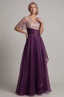 Laden Sie das Bild in den Galerie-Viewer, Florales dunkelviolettes Kurzärmel-A-Linie Mutter-der-Braut-Kleid