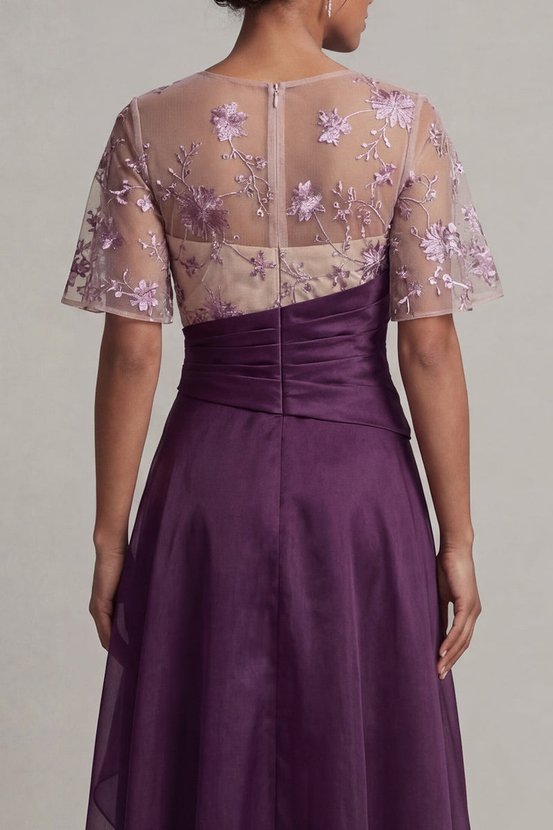 Laden Sie das Bild in den Galerie-Viewer, Florales dunkelviolettes Kurzärmel-A-Linie Mutter-der-Braut-Kleid
