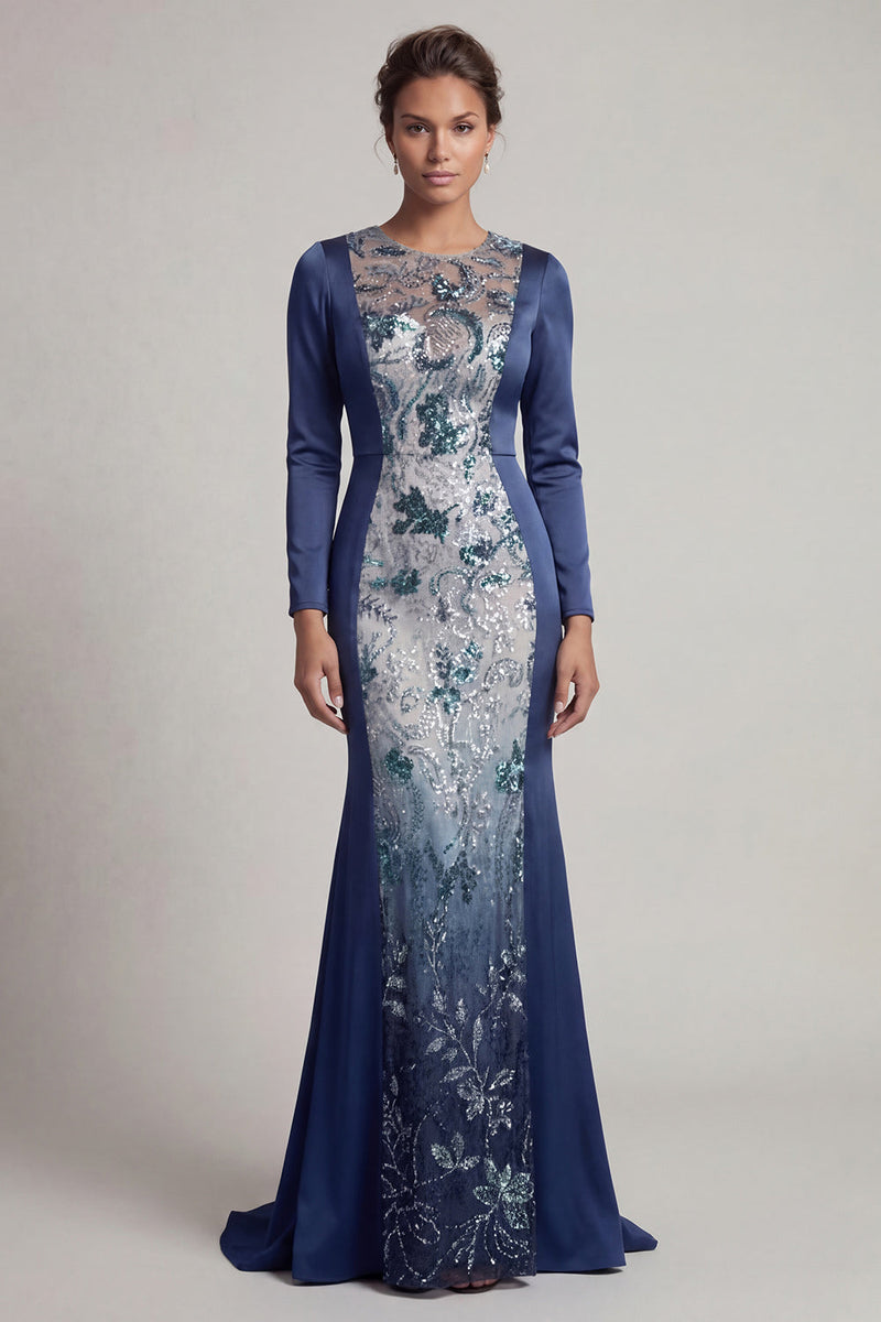 Laden Sie das Bild in den Galerie-Viewer, Paillettenblau Langarm-Meerjungfrauenkleid Mutter der Braut