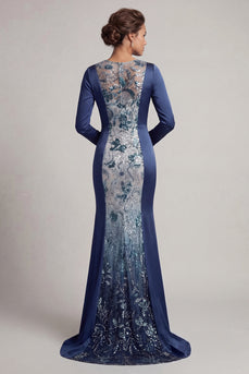 Paillettenblau Langarm-Meerjungfrauenkleid Mutter der Braut