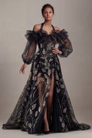 Laden Sie das Bild in den Galerie-Viewer, Kaltschulter-Schwarze Pailletten-A-Linien-Mutter-der-Braut-Kleid mit Schlitz