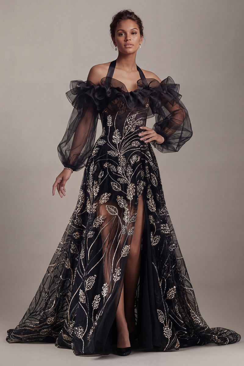Laden Sie das Bild in den Galerie-Viewer, Kaltschulter-Schwarze Pailletten-A-Linien-Mutter-der-Braut-Kleid mit Schlitz