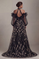 Laden Sie das Bild in den Galerie-Viewer, Kaltschulter-Schwarze Pailletten-A-Linien-Mutter-der-Braut-Kleid mit Schlitz