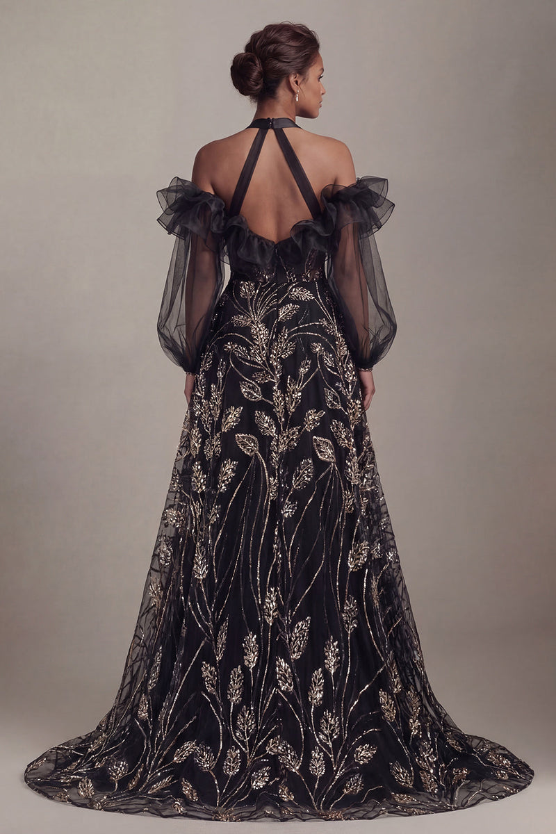 Laden Sie das Bild in den Galerie-Viewer, Kaltschulter-Schwarze Pailletten-A-Linien-Mutter-der-Braut-Kleid mit Schlitz