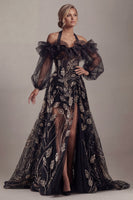 Laden Sie das Bild in den Galerie-Viewer, Kaltschulter-Schwarze Pailletten-A-Linien-Mutter-der-Braut-Kleid mit Schlitz