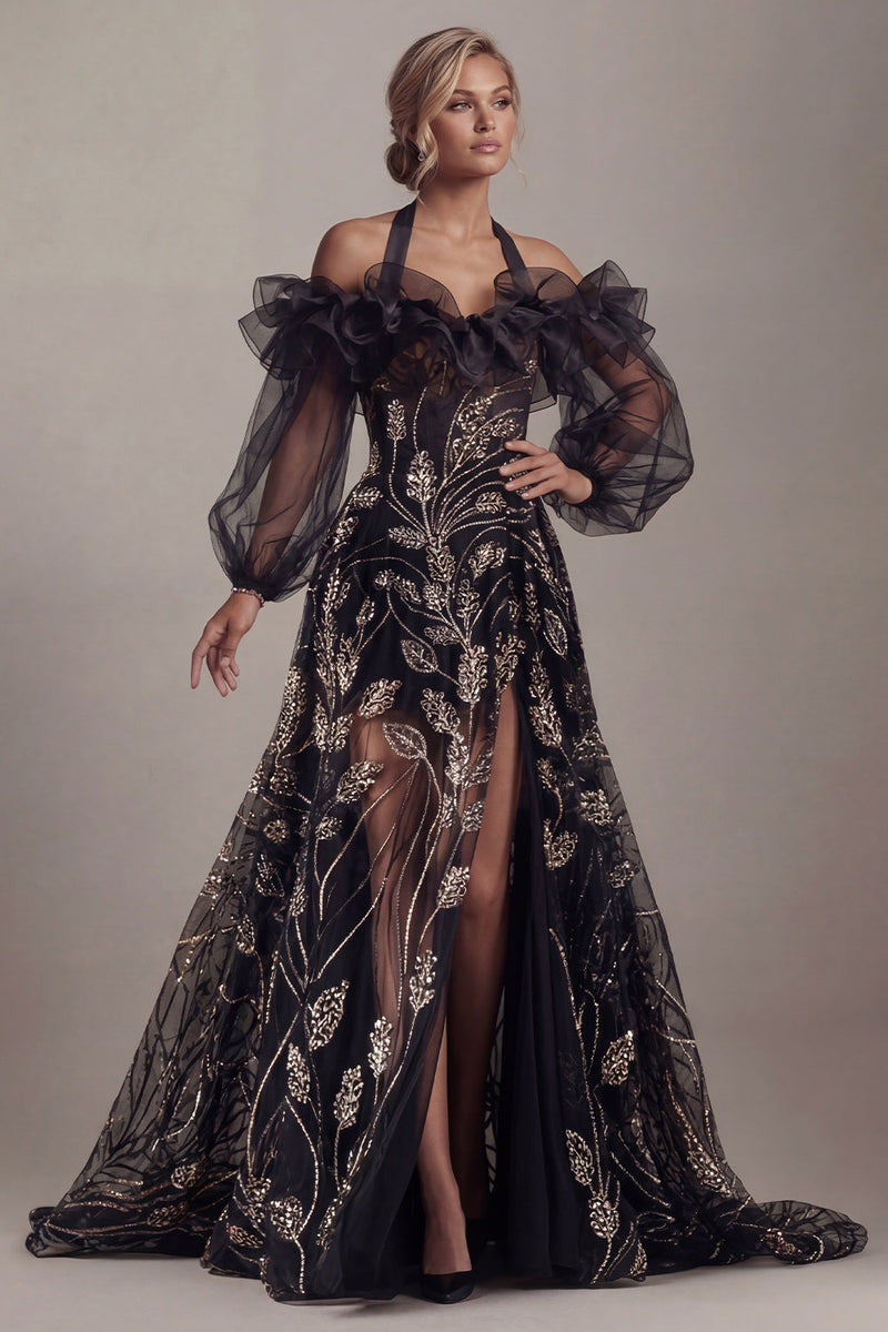 Laden Sie das Bild in den Galerie-Viewer, Kaltschulter-Schwarze Pailletten-A-Linien-Mutter-der-Braut-Kleid mit Schlitz